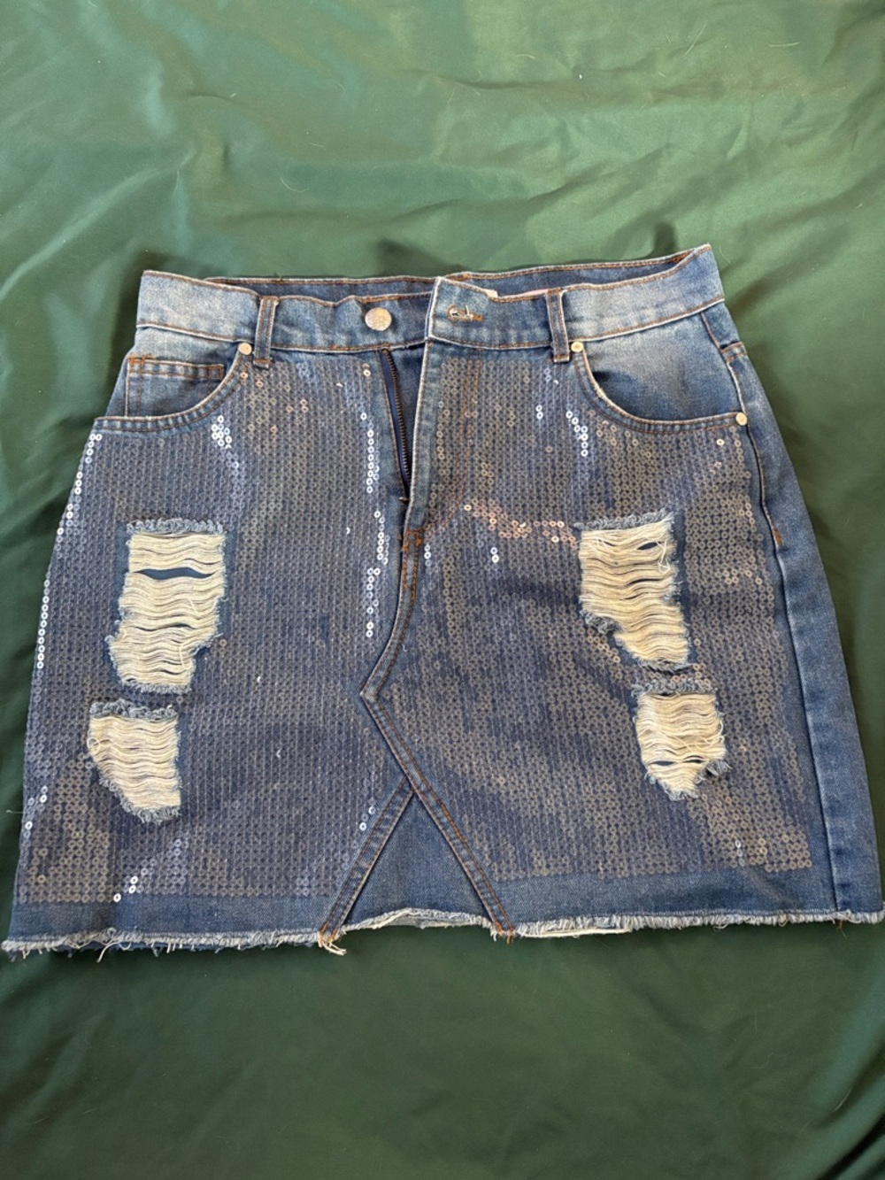 Distressed Sequin Denim Mini Skirt - Blue